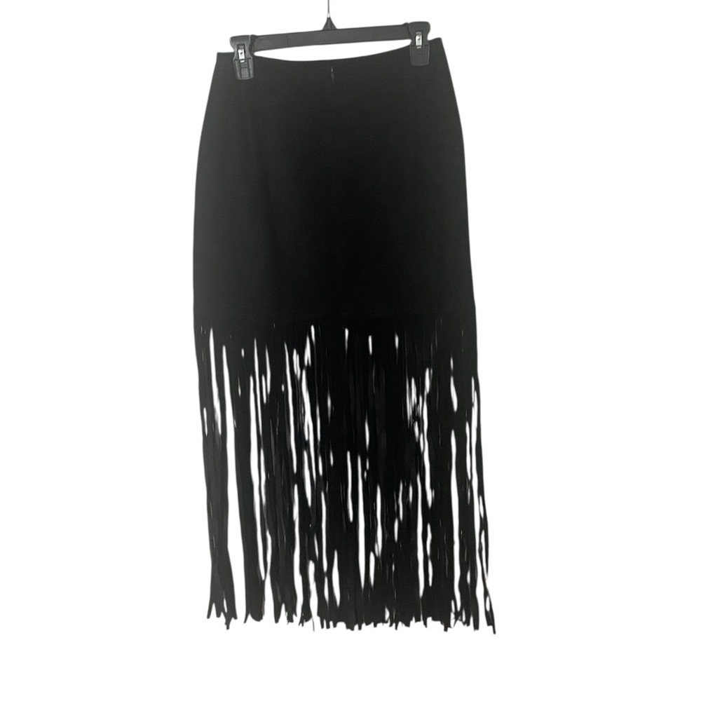 PATRICIA WOLF Arrow Black Fringe Suede Leather Maxi Skirt Western Country  6
